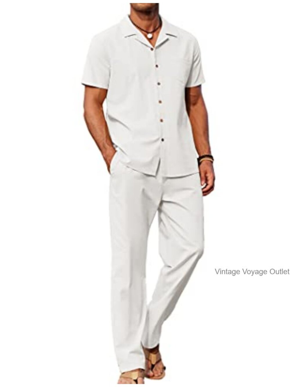 Men's 2 Piece Linen Blend Outfit Beach Button Down Shirt Loose Pant Set